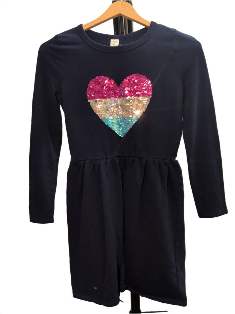 Carter's Girls Size 14 Navy Long Sleeve Flip Sequin Heart Sweatshirt Dress